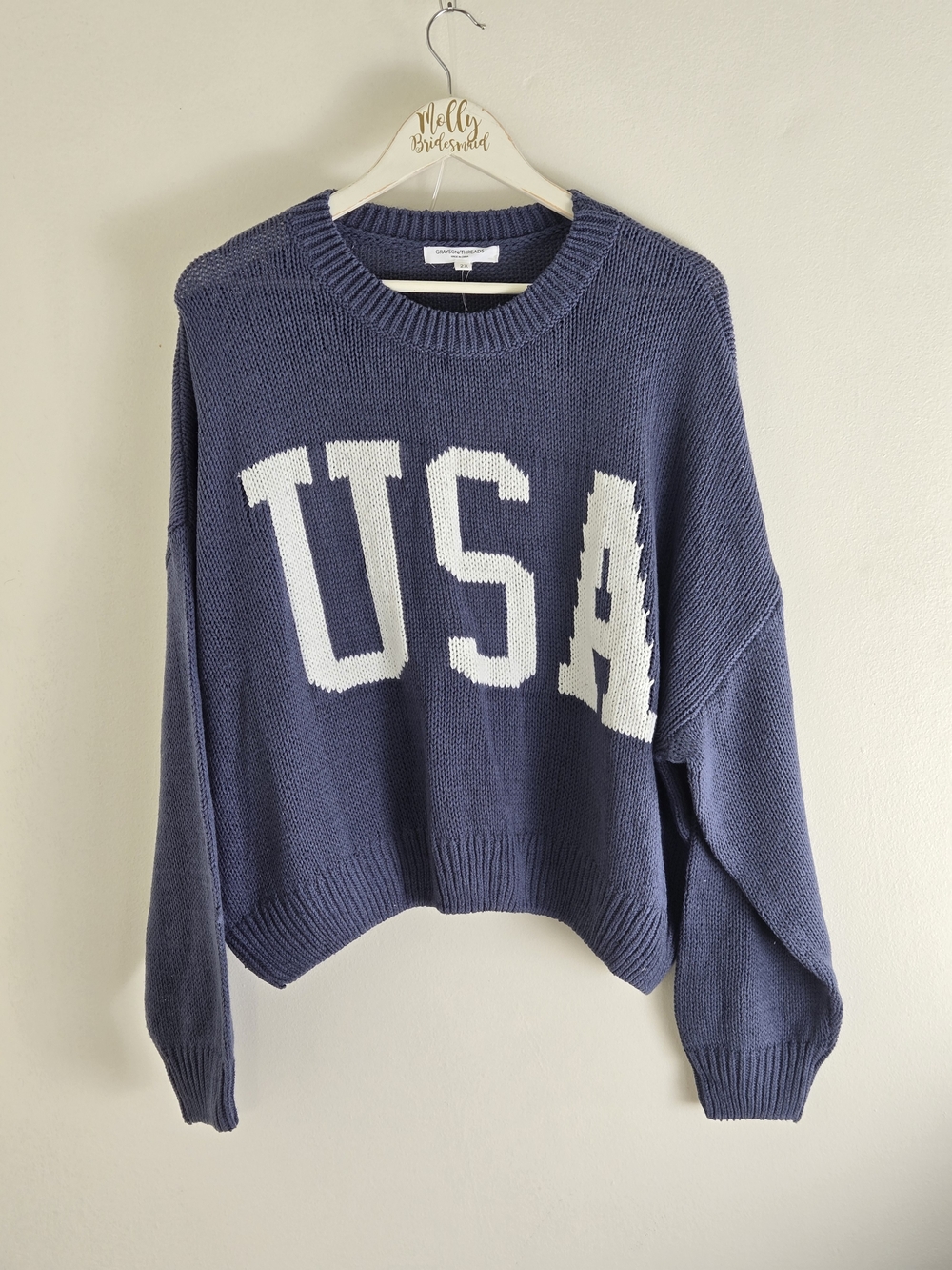 Mid BLUE Crewneck pullover knit Sweater with White USA Graphic